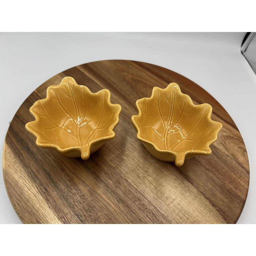 Pier 1 Leaf Bowls Set 2pc Ceramic Appetizer Nut Snack Dishes Mustard Yellow Fall